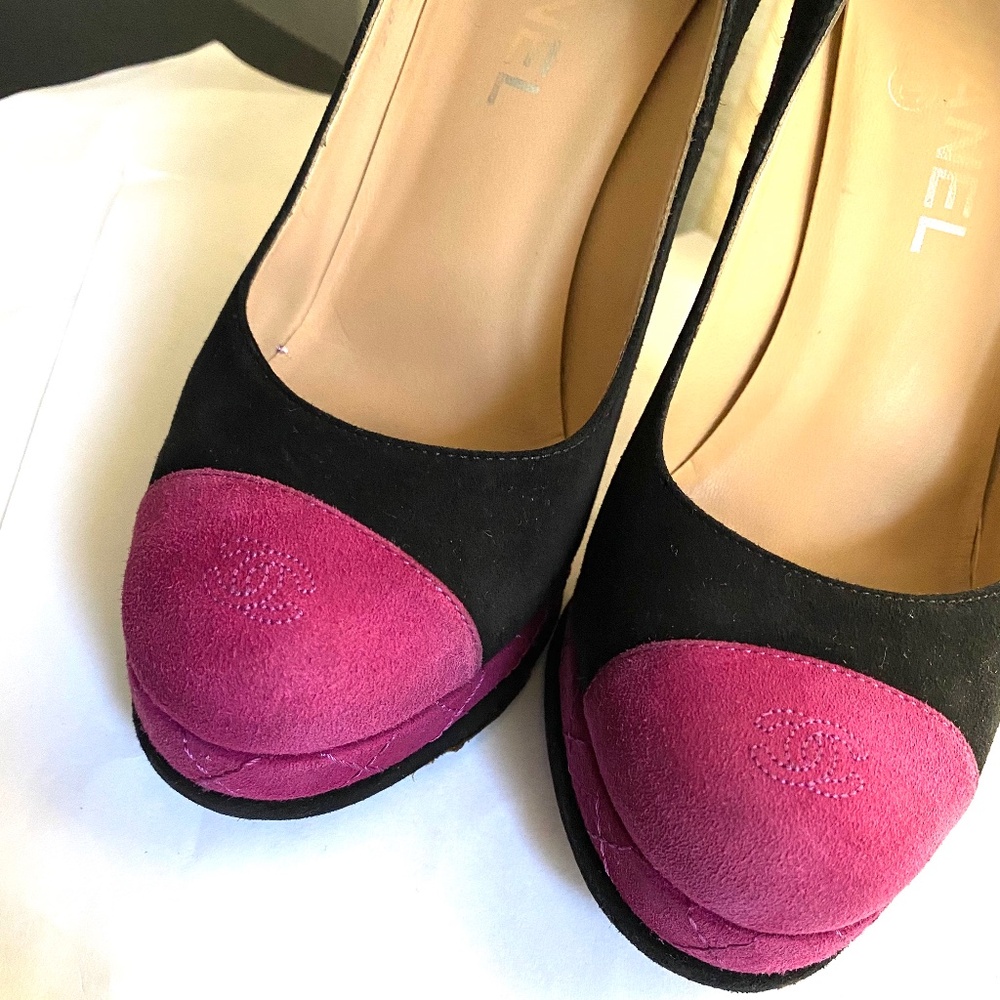 Chanel suede quilted pink fuschia toe cap black pumps heels platforms 37 mules - Picture 3 of 8